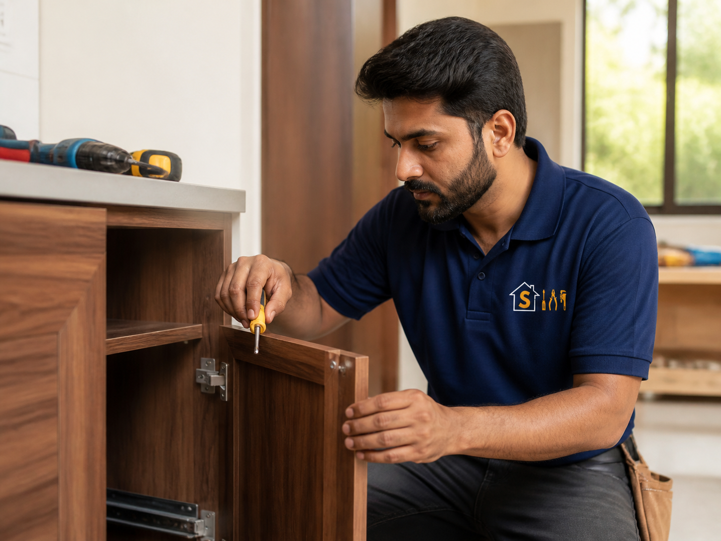 Pakistani HomesServices carpenter fitting a cabinet door