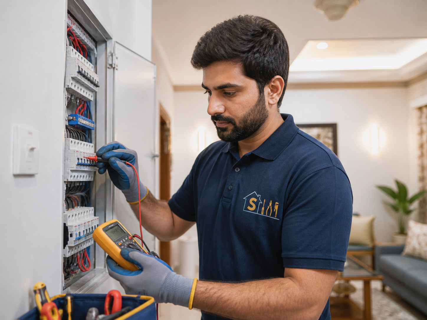 Pakistani HomesServices electrician testing a home electrical panel