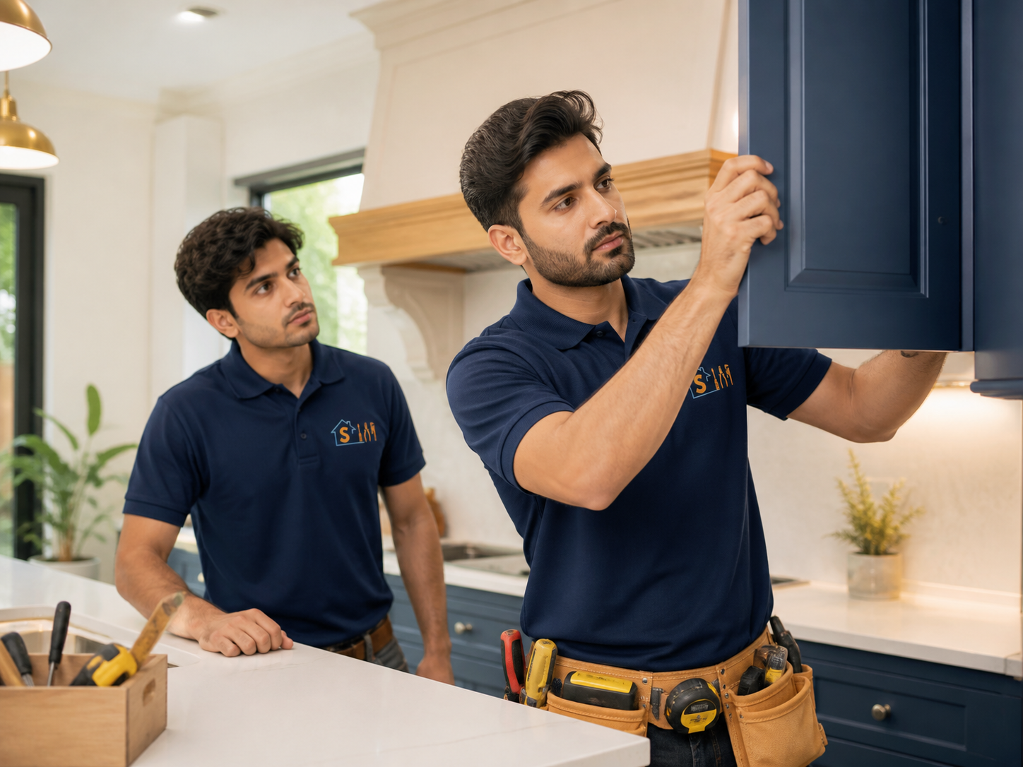 Pakistani HomesServices technicians installing kitchen cabinetry