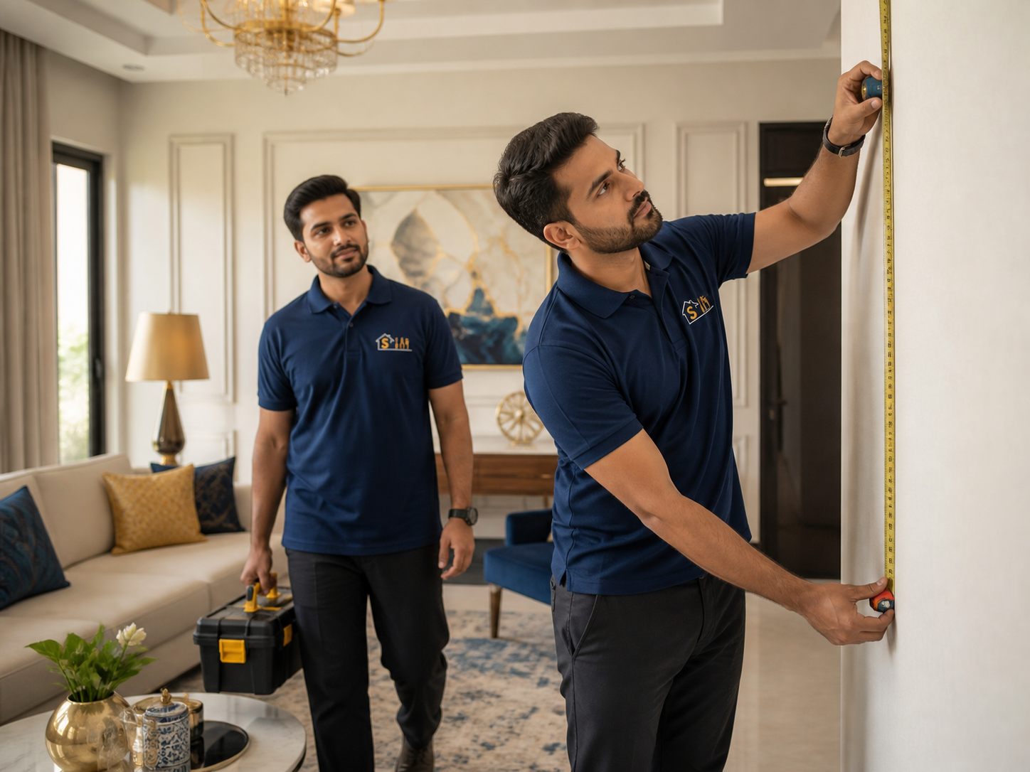 Pakistani HomesServices renovation professionals measuring a living room wall